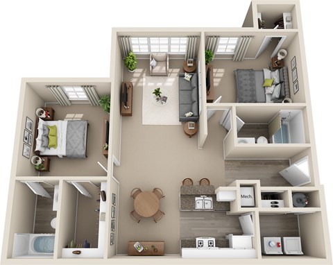 A 3D floor plan of a small apartment with a kitchen, living room, and bedroom.